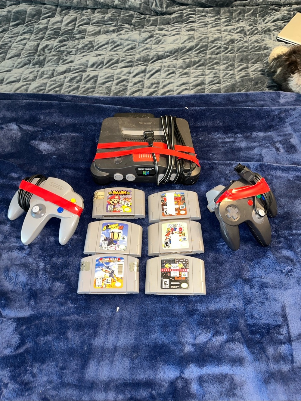 Nintendo N64 Console with Black Console and Gray Controllers + 8 Game Cartridges